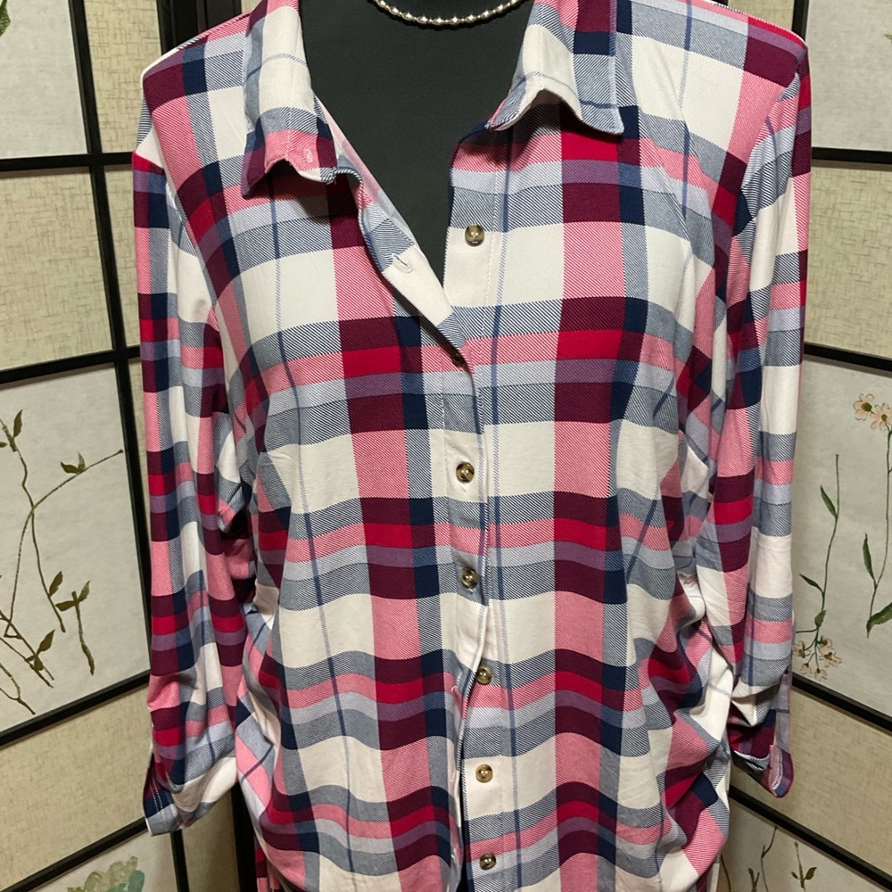 Kristin Nicole Plaid Button-Up Shirt in Pink and Blue - Picture 1 of 8
